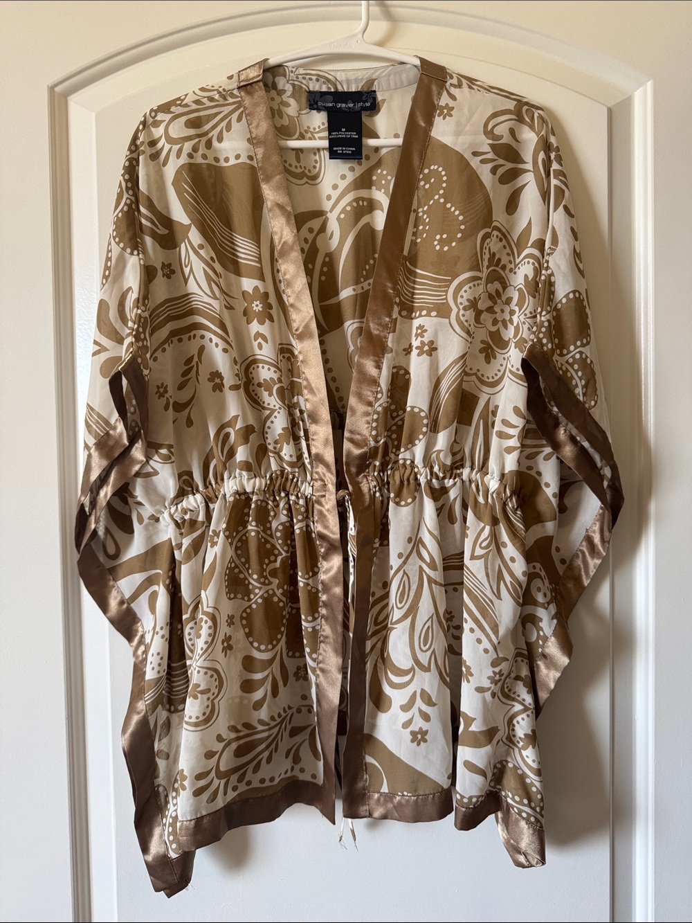 Susan Graver Silky Floral Print Kimono Jacket - Taupe & Cream